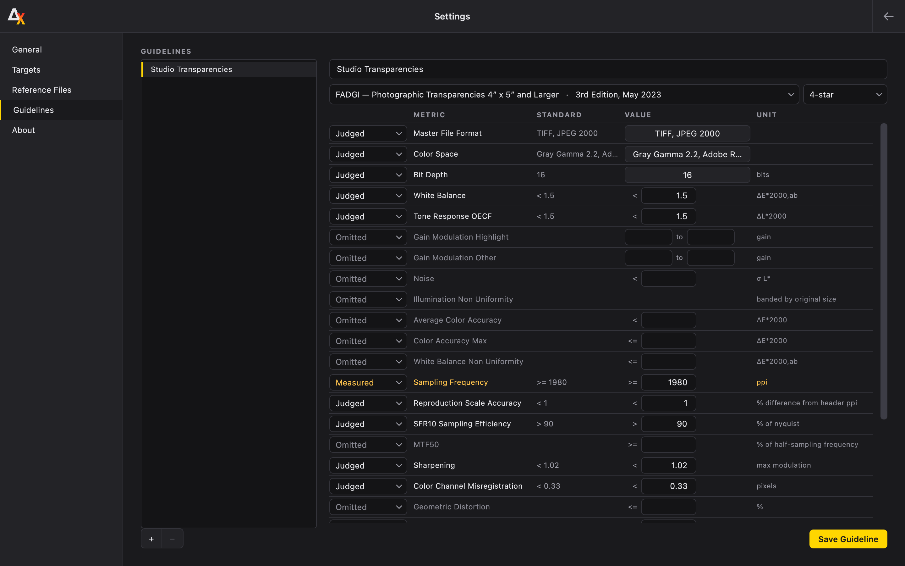 The Guideline Builder, with one metric set to Measured