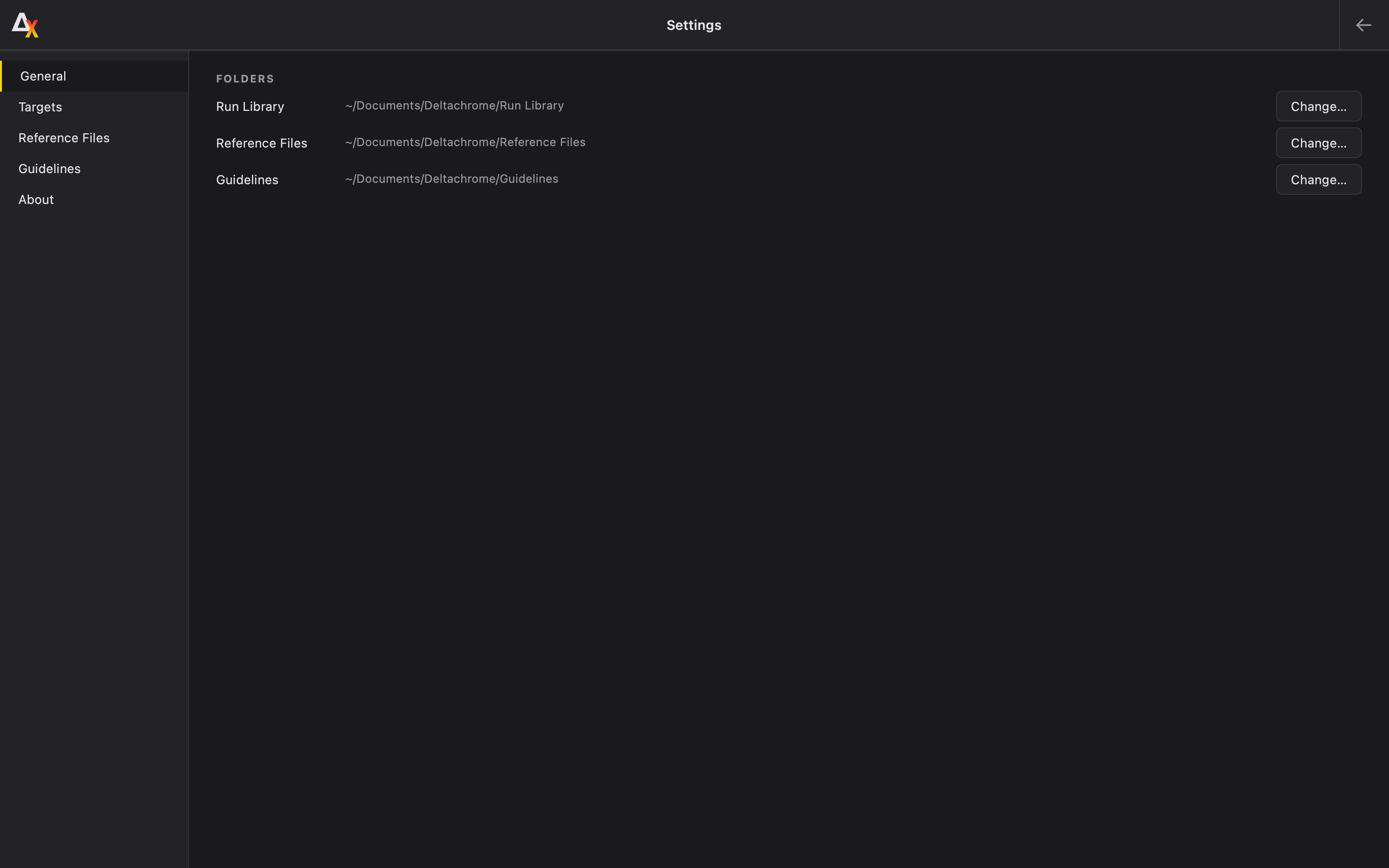 Settings ▸ General, showing the three folders
