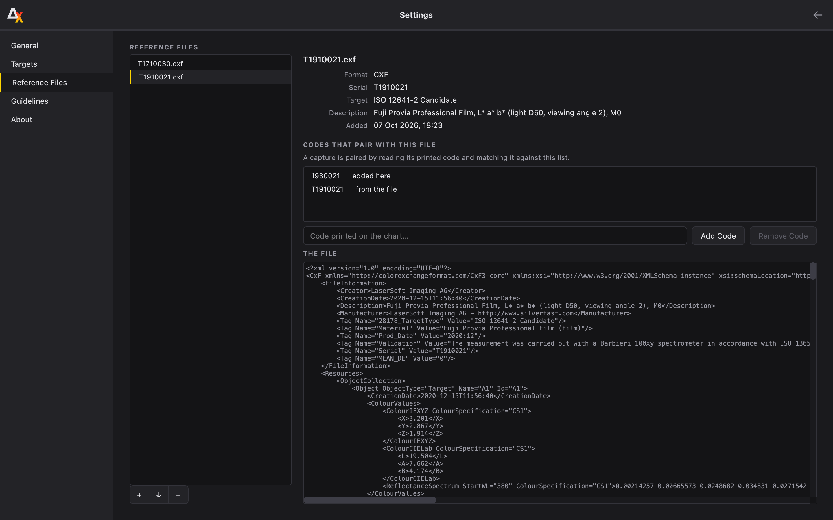 Settings ▸ Reference Files, with codes attached to a file